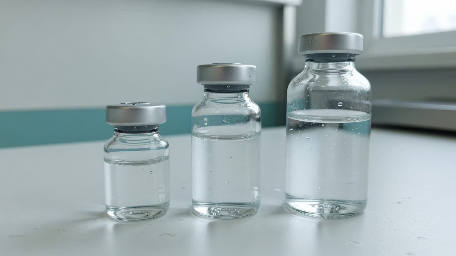 Three unlabeled clear glass vials with grey stoppers and silver crimp seals in a row on a white lab bench, increasing in size from small to large