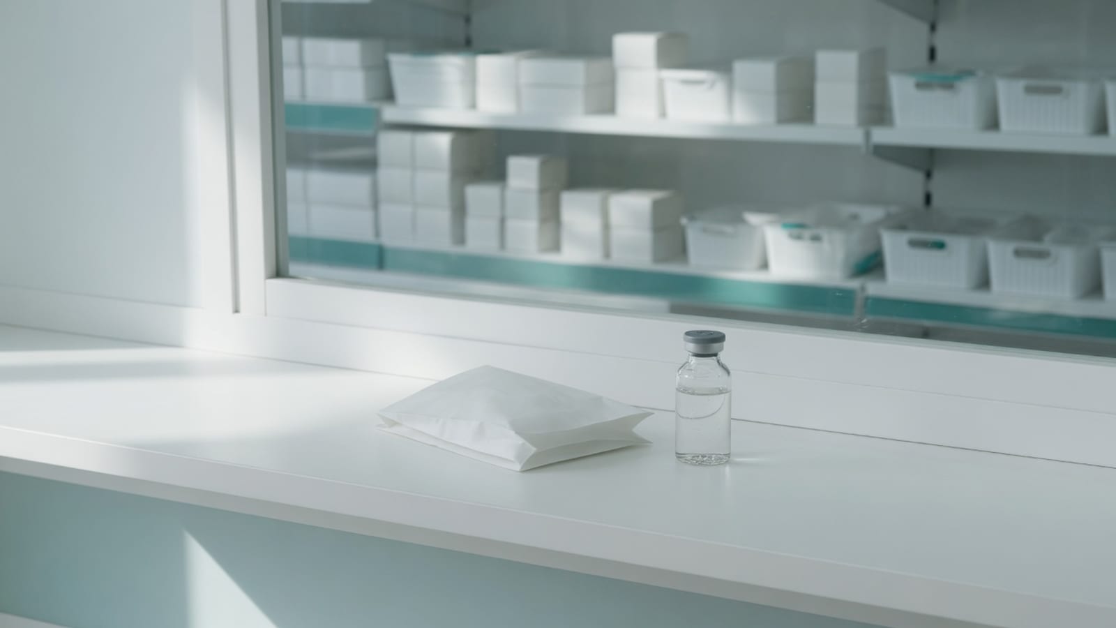 A plain white paper pharmacy bag and a small unlabeled glass vial with a grey cap on a white pharmacy counter, with shelves of plain white boxes behind a glass partition