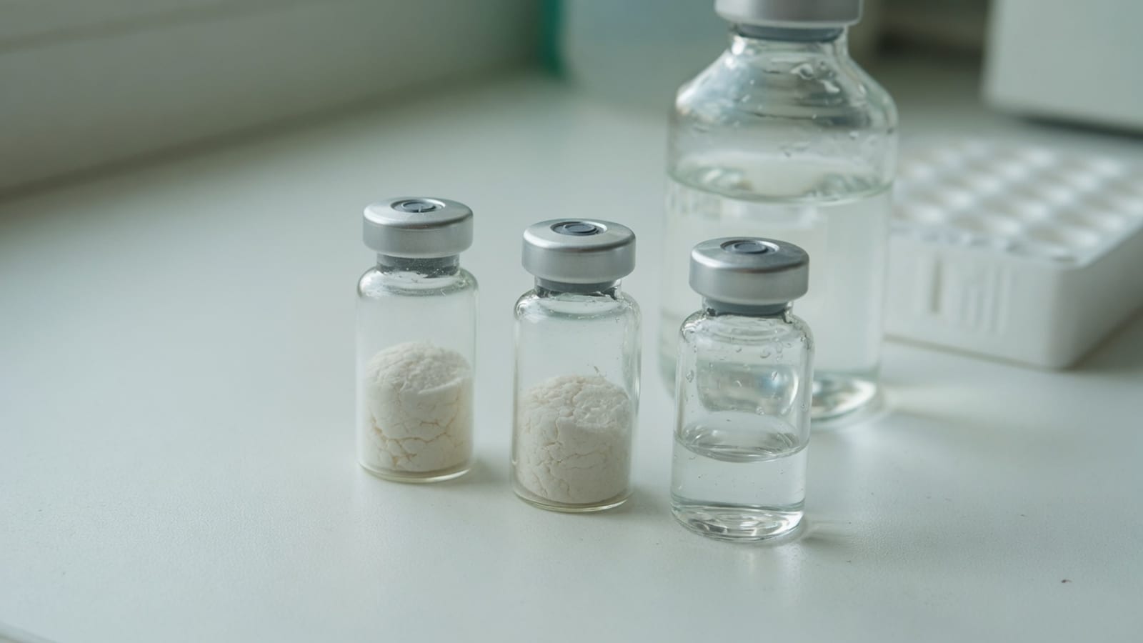 Two small glass vials holding white freeze-dried powder and a third vial of clear liquid, all with grey stoppers and silver crimp seals, on a white lab bench with a larger vial of clear liquid behind them
