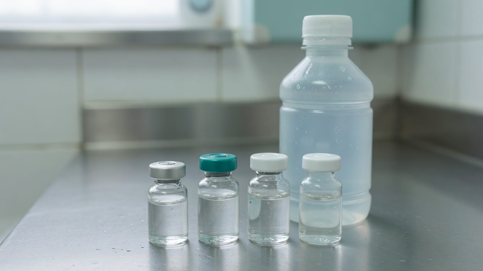 Four small clear glass vials with teal, white and plain metal caps in a row on a steel pharmacy bench, in front of a larger unlabeled plastic bottle of water